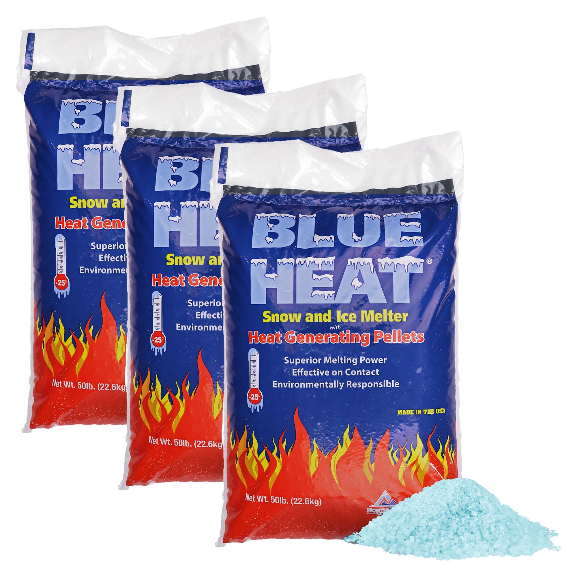 Blue Heat 3 Pack Ice Melt Pellets, Calcium Blend Deicer Snow Melter for Driveway, 50 Lb - Pet-Friendly Winter Relief with Magnesium, Calcium, and Sodium Formula, BH50