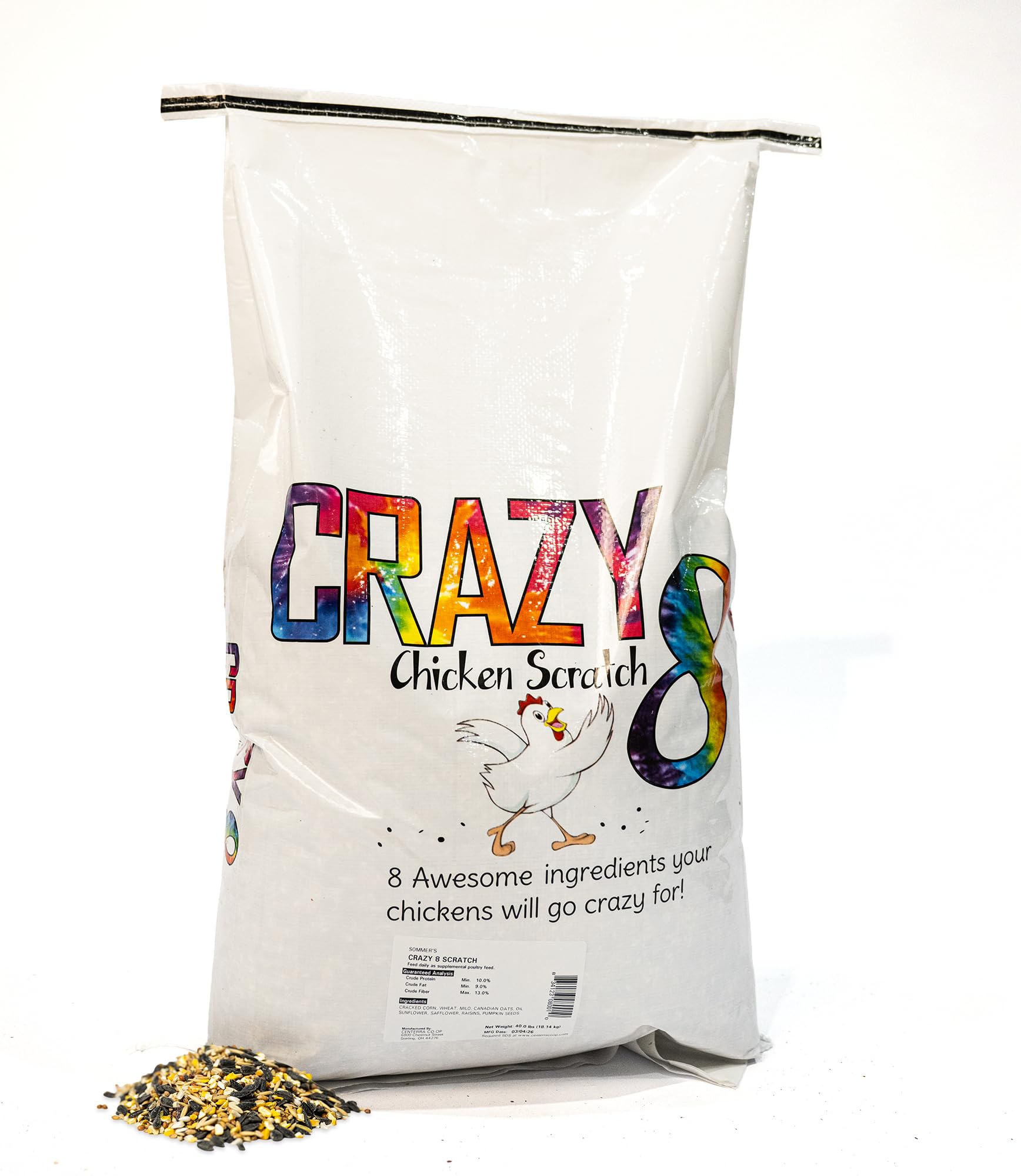 Sommer's Wild Bird Food Crazy 8 Chicken Scratch Grain Mix – 40 lb Chicken & Poultry Treat Blend | Backyard Flock Snack with Cracked Corn, Grains & Seeds Bulk Size