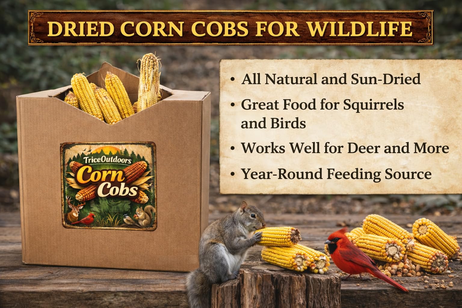 TriceOutdoors Bulk Corn Cobs for Wildlife Feeding–Locally Grown Natural Whole Corn Cobs for Deer,Squirrels,Chipmunks,Rabbits & Outdoor Animals–Backyard Feeding (50LB, Unflavored)