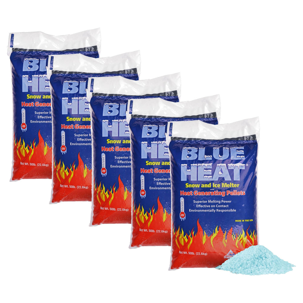 Blue Heat 5 Pack Ice Melt Pellets, Calcium Blend Deicer Snow Melter for Driveway, 50 Lb - Pet-Friendly Winter Relief with Magnesium, Calcium, and Sodium Formula, BH50