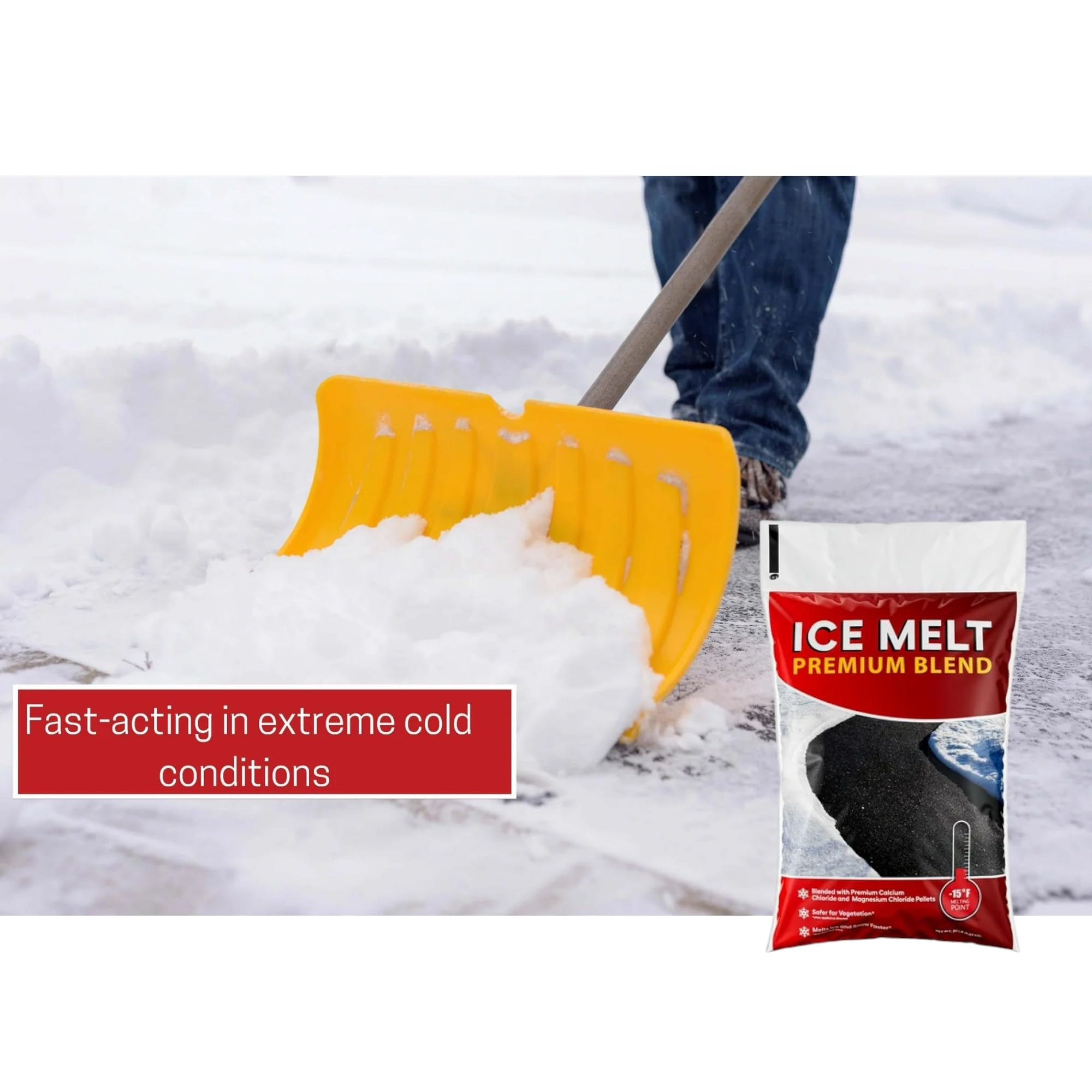 Ice Melt Premium Blend–Fast-Acting Sodium,Calcium & Magnesium Chloride Blend | Works to -15°F | Safer for Vegetation | Melts Ice & Snow Fast | Winter De-Icer for Driveways,Sidewalks & Steps | 20lb Bag