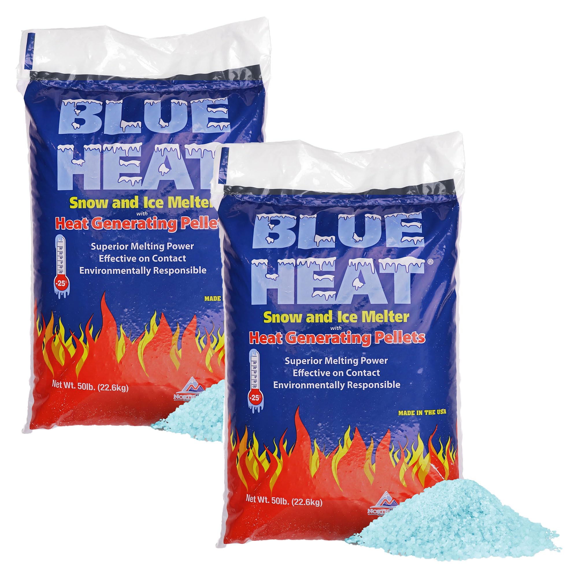 Blue Heat 2 Pack Ice Melt Pellets, Calcium Blend Deicer Snow Melter for Driveway, 50 Lb - Pet-Friendly Winter Relief with Magnesium, Calcium, and Sodium Formula, BH50